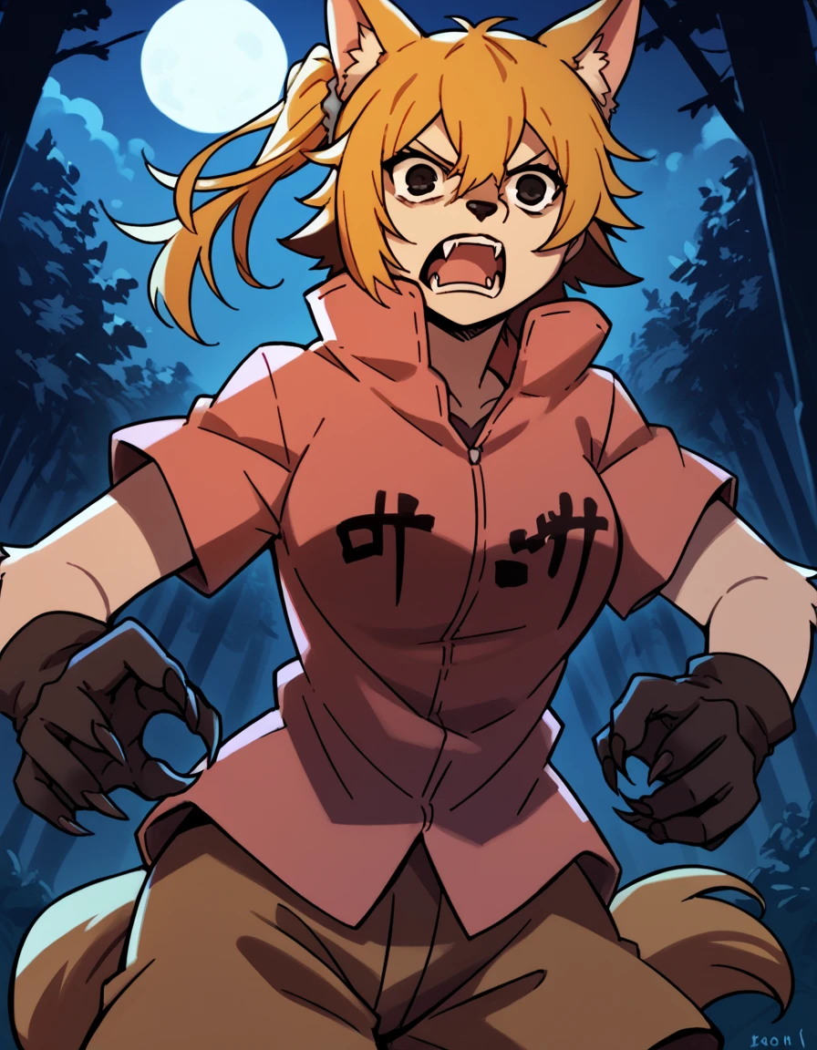 score_9, score_8_up, score_7_up, source_anime, <lora:momo-kisaragi-s1-ponyxl-lora-nochekaiser:1>, momo kisaragi, blonde hair, ponytail, black eyes, side ponytail, medium breasts,, <lora:werewolf-ponyxl-lora-nochekaiser:1>, werewolf, furry, fangs, animal ears, gloves, angry, teeth, animal ear fluff,, forest, night, moon, open mouth, , dutch angle, cowboy shot