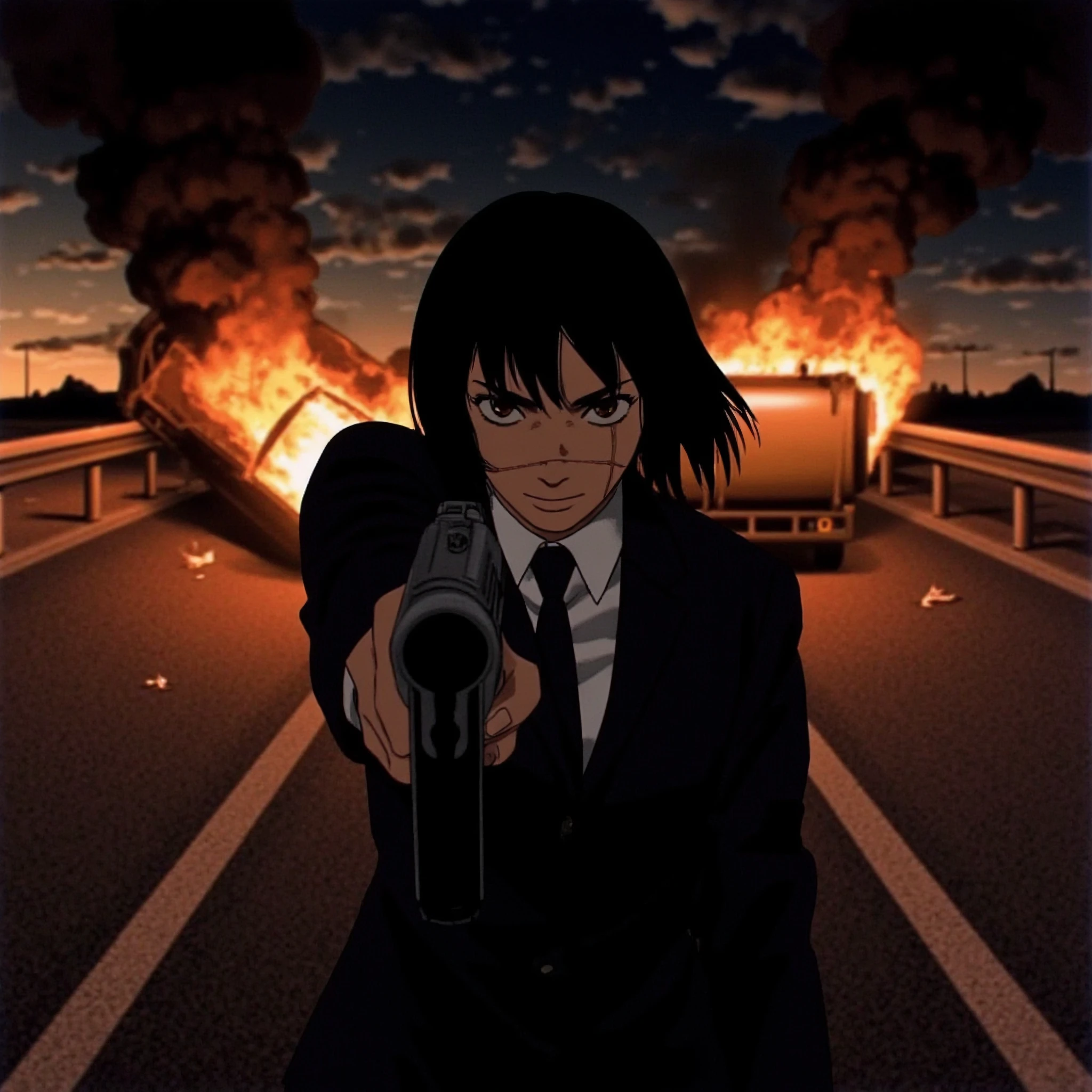 An anime-style girl in a sharp, dark suit pointing a handgun directly at the viewer, her stance calm but intense. A thin scar marks her cheek, giving her a hardened appearance. Behind her, an oil carrier is overturned and engulfed in flames on a highway, casting an orange glow that illuminates the scene with plumes of dark smoke rising into the night sky. The intense, chaotic background contrasts with her focused, unshaken demeanor as she stands ready, creating a powerful sense of suspense and action.