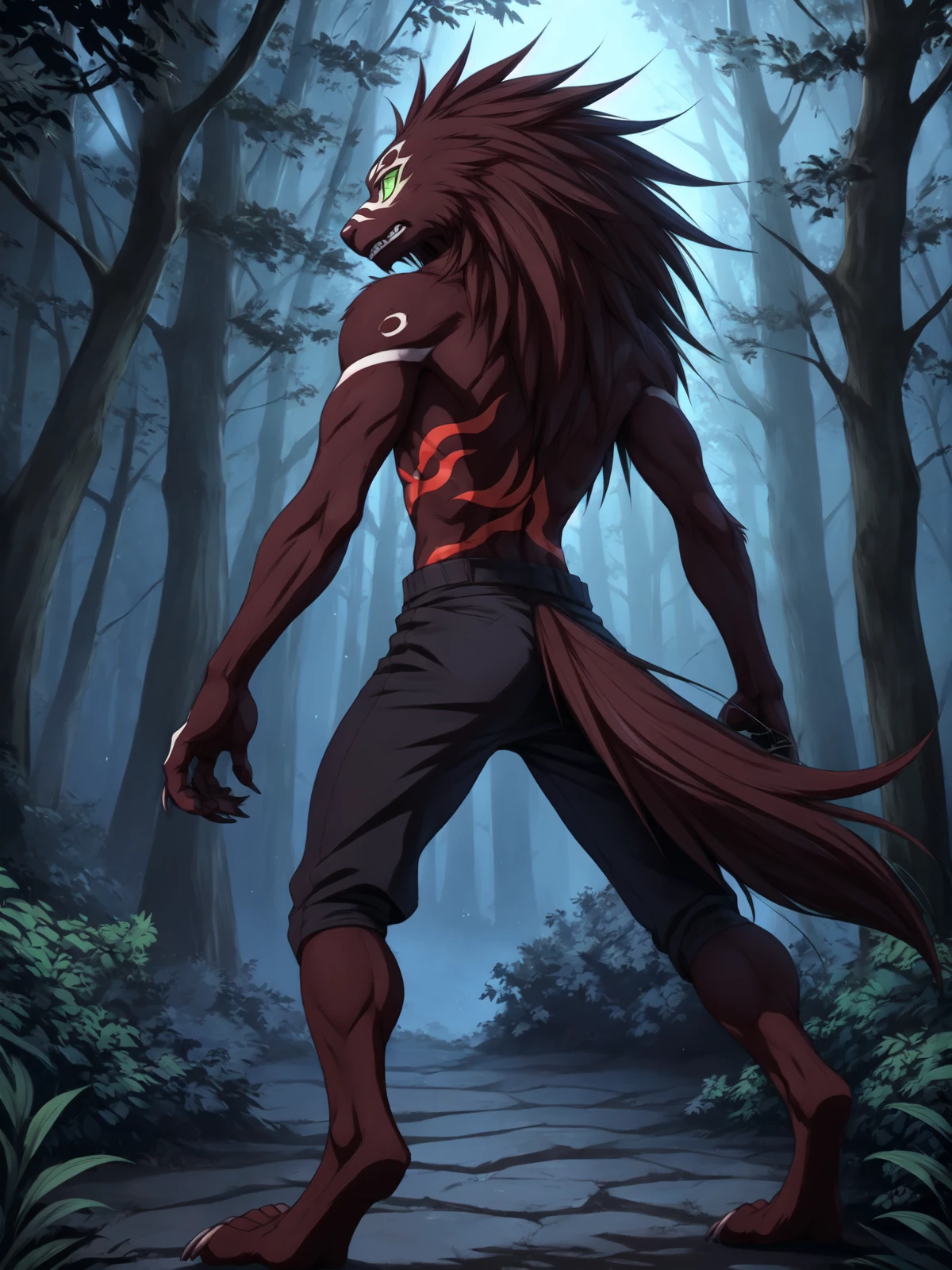 shishi0 standing in a dark forest, shishi0, were, werecanid, canid, mammal, menacing, dangerous, standing,looking back, rear view, bottomwear, clothing, topless, red body markings, ventral groove, teeth, fangs, detailed fur, coarse fur, male, feet, plantigrade, claws, male, solo, light green sclera, black pupils, slit pupils,5 fingers, cinematic lighting, anatomically correct, symmetrical, 4k, hi res, insanely detailed, detailed background, night, dark forest, natural light,dim light,low light, by nawka, by lunalei, by santanahoffman, by hale., by by tanutanuki, digital media (artwork), by personalami,  by zackary911, by feralise, by ivan-jhang, <lora:shishi0_YM:0.9>