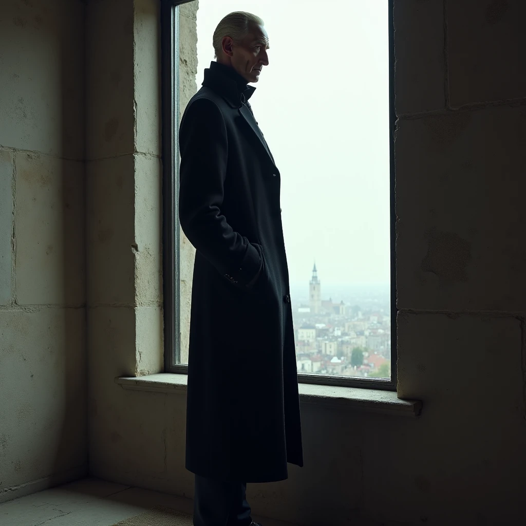 Imagine a photorealistic image of lord vetinari, a tall, thin figure standing in his stark office. Dressed in a plain, precisely tailored black coat with a high collar, he stands by a large, narrow window, his sharp, angular face partially lit by the faint daylight. His cold, calculating eyes gaze over the city below with quiet intensity. The room around him is spartan, with worn stone walls, high ceilings, and minimal furnishings, creating an atmosphere of meticulous control and austere authority.