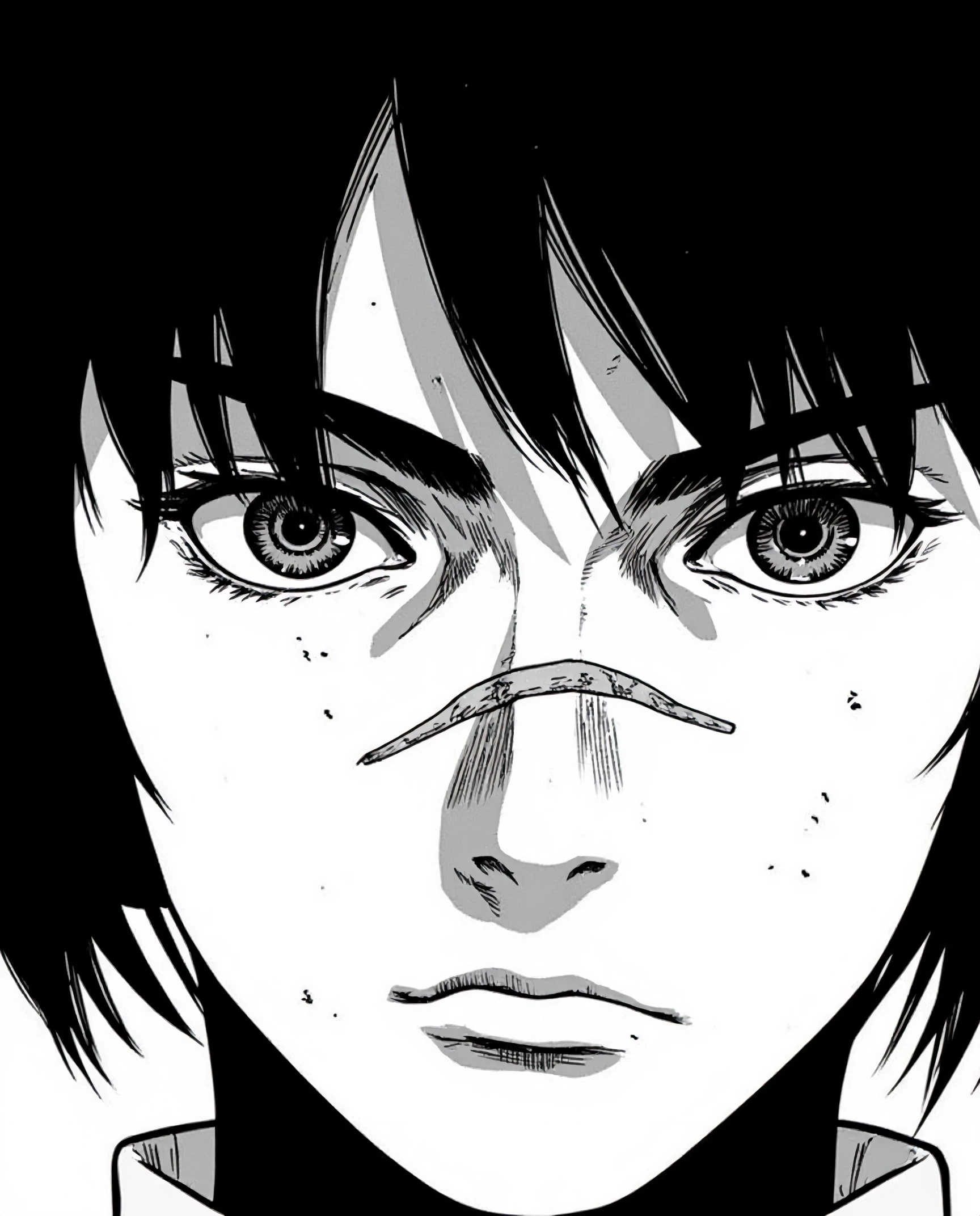 A close-up, highly detailed manga-style illustration of a young girl with a tense, frowning expression. Her short, jet-black hair frames her face, with a few windswept strands falling over her furrowed brow. The most defining feature is a noticeable scar across the bridge of her nose, giving her an air of resilience and mystery. Her dark, intense eyes reflect deep emotion, and the subtle shadows on her face enhance the sharpness of her features. The close-up view captures the raw intensity of her frown, highlighting the inner turmoil beneath her youthful appearance.