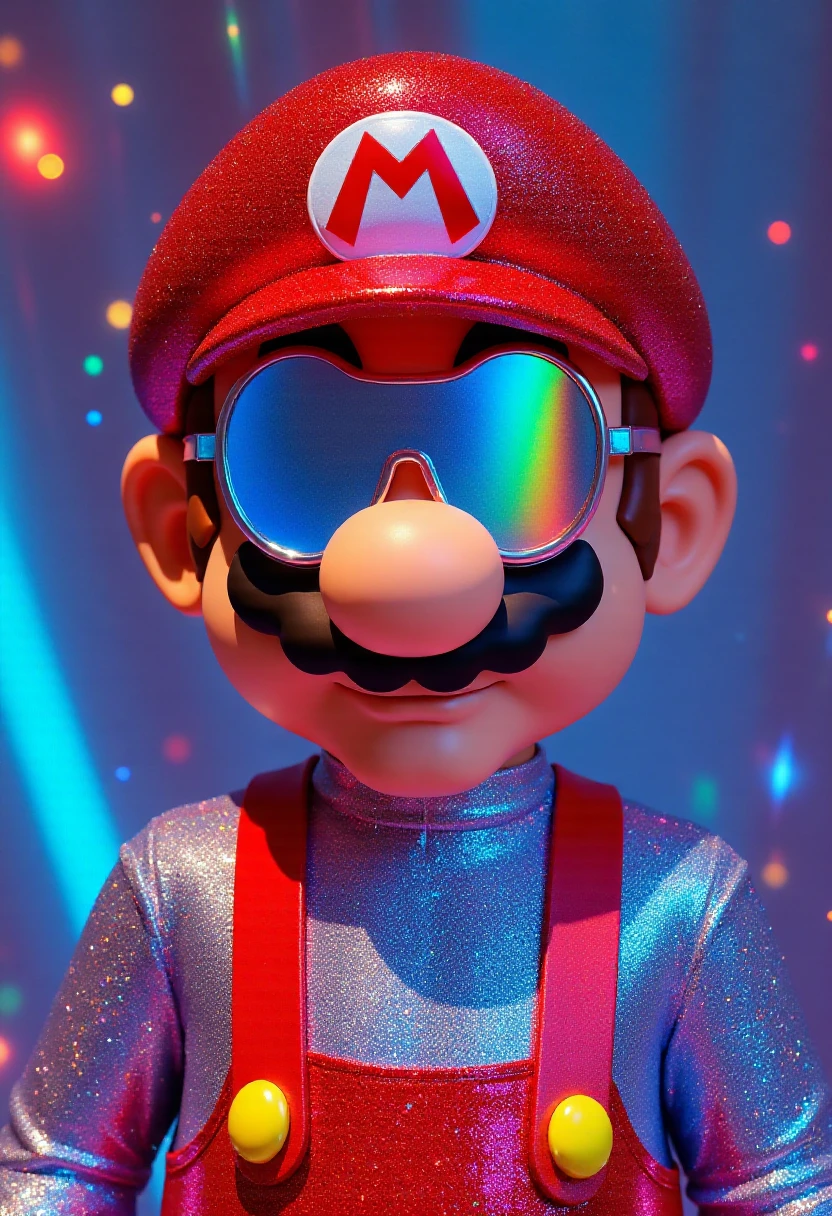 a sparklecraft style reimagined version of Super Mario with a vibrant, futuristic twist. The character wears futuristic, large, reflective, prism-like sunglasses that give off a spectrum of colors. His red suspenders are covered in glittering material, making it sparkle under light, and his entire outfit is similarly dazzling, adding a glamorous, almost disco-like feel. The lighting emphasizes the glossy and sparkling textures, creating a surreal, almost otherworldly aesthetic.