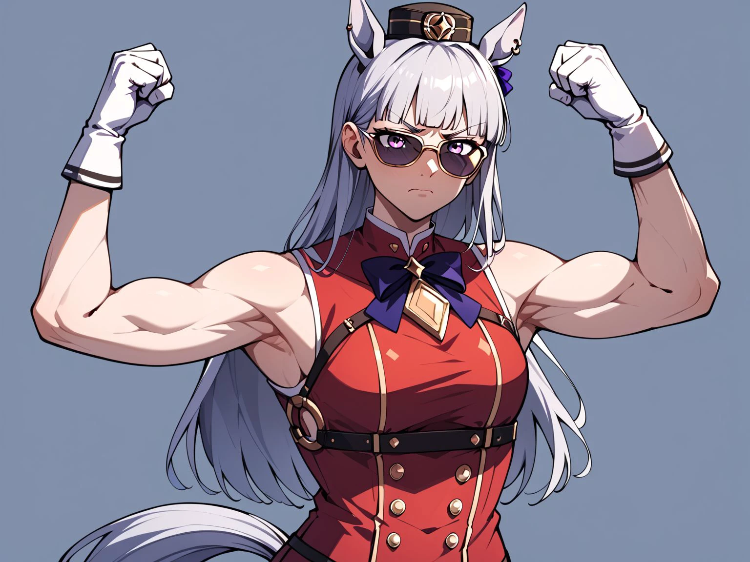 score_9,score_8_up,score_7_up,score_6_up,score_5_up,score_4_up,1girl,solo,<lora:Musclepose_Pony_V1.00:0.9>,musclepose,upper body,clenched hands,arms up,(sunglasses:1.3),closed mouth,<lora:GoldShipPDXLv6:0.8>,gsdef,purple eyes,grey hair,horse ears,blunt bangs,long hair,pillbox hat,horse tail,red dress,sleeveless dress,double-breasted,white gloves,