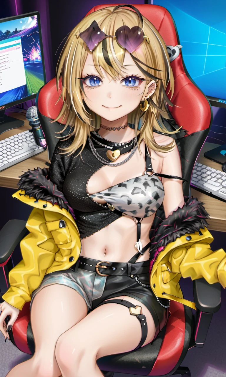 gaming chair, desk, pc, monitor, keyboard, mouse, microphone, myaonarumi, blue eyes, blonde hair, multicolored hair, hoop earrings, ear piercing, eyewear on head, sunglasses, heart lock necklace, one shoulder top, jacket, navel, leather shorts, painted nails, thigh strap, chunky sole, black footwear, 