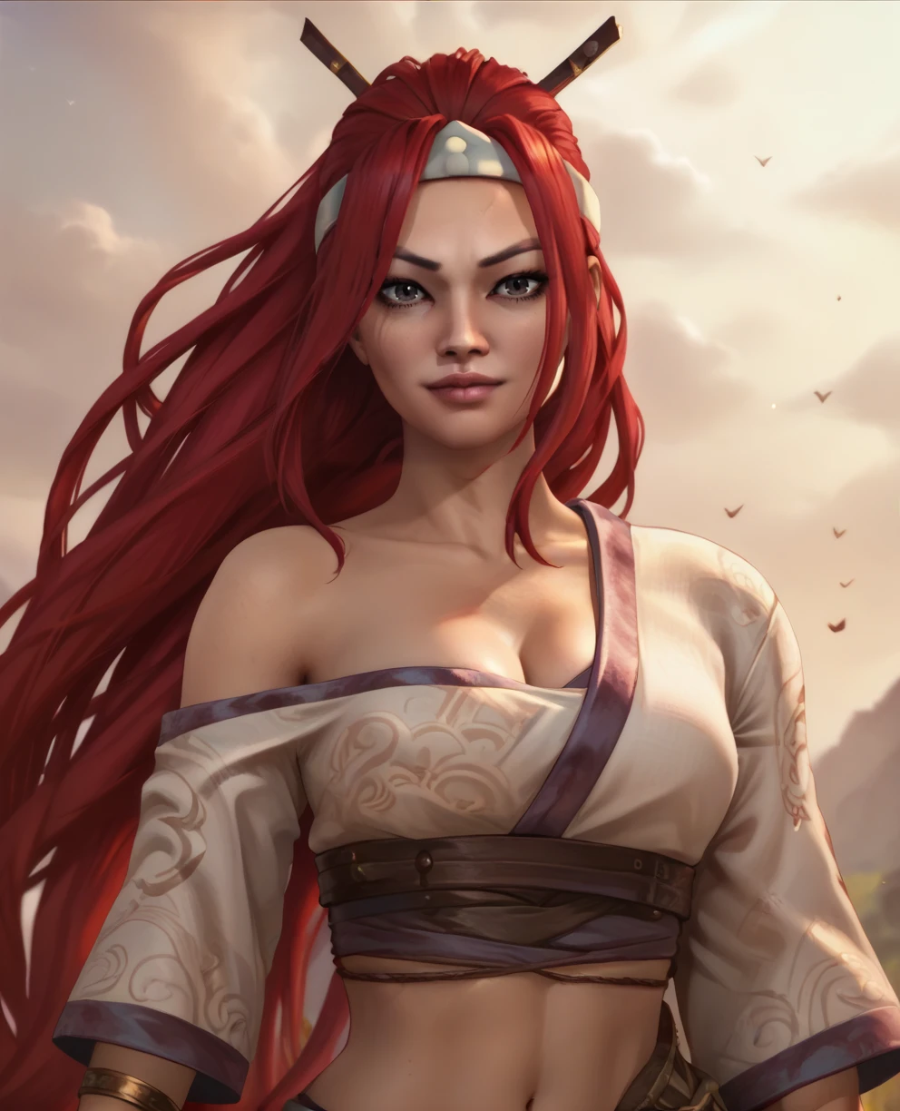 score_9,score_8_up,
Narikoxl,long red hair,ponytails,solo,looking at viewer,headband,
off shoulder,revealing clothes,cleavage,bracelet, 
upper body,light smile,
morning,wind,dusk,<lora:Narikoxl:0.9>,