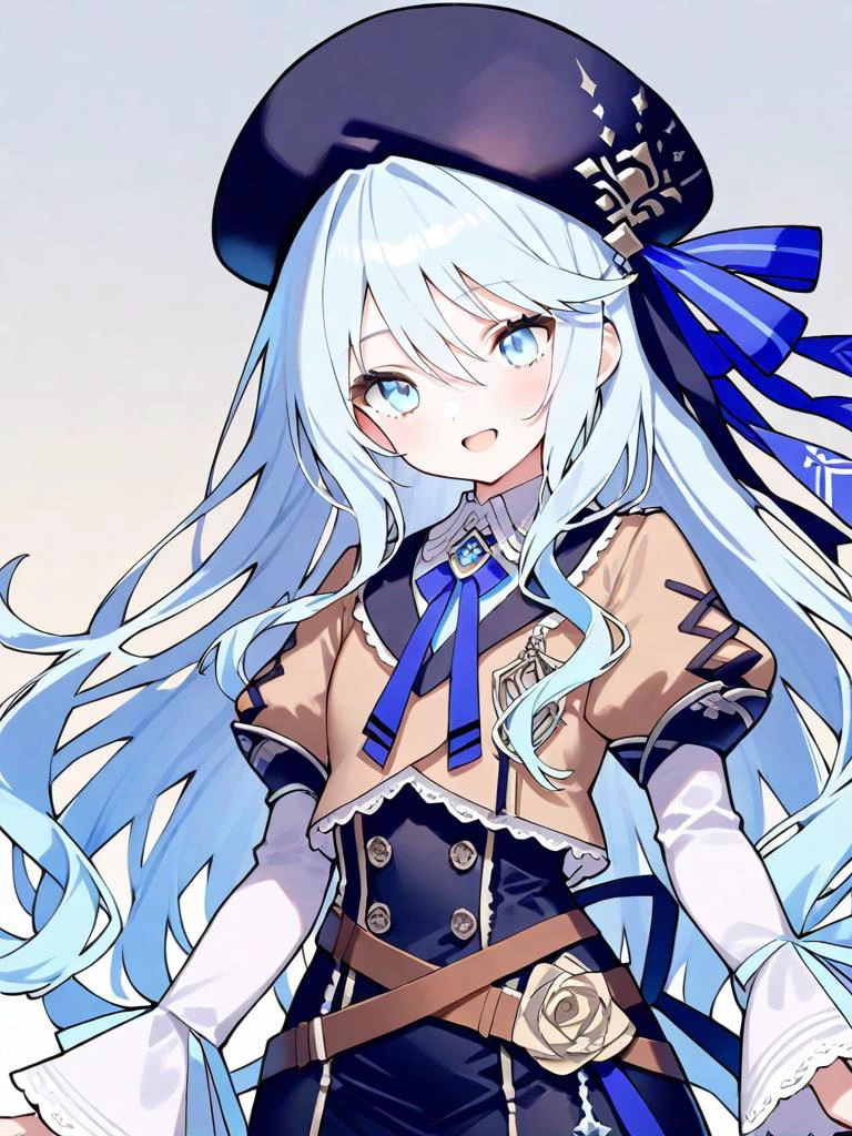 ,amaryllis\(shadowverse\),1girl,solo,long hair,hat,open mouth,smile,blue eyes,long sleeves,beret,blue hair,ribbon,hair between eyes,blue ribbon,bangs,puffy sleeves,white hair,<lora:shadowverse-000004:1>, masterpiece, best quality, very aesthetic, absurdres