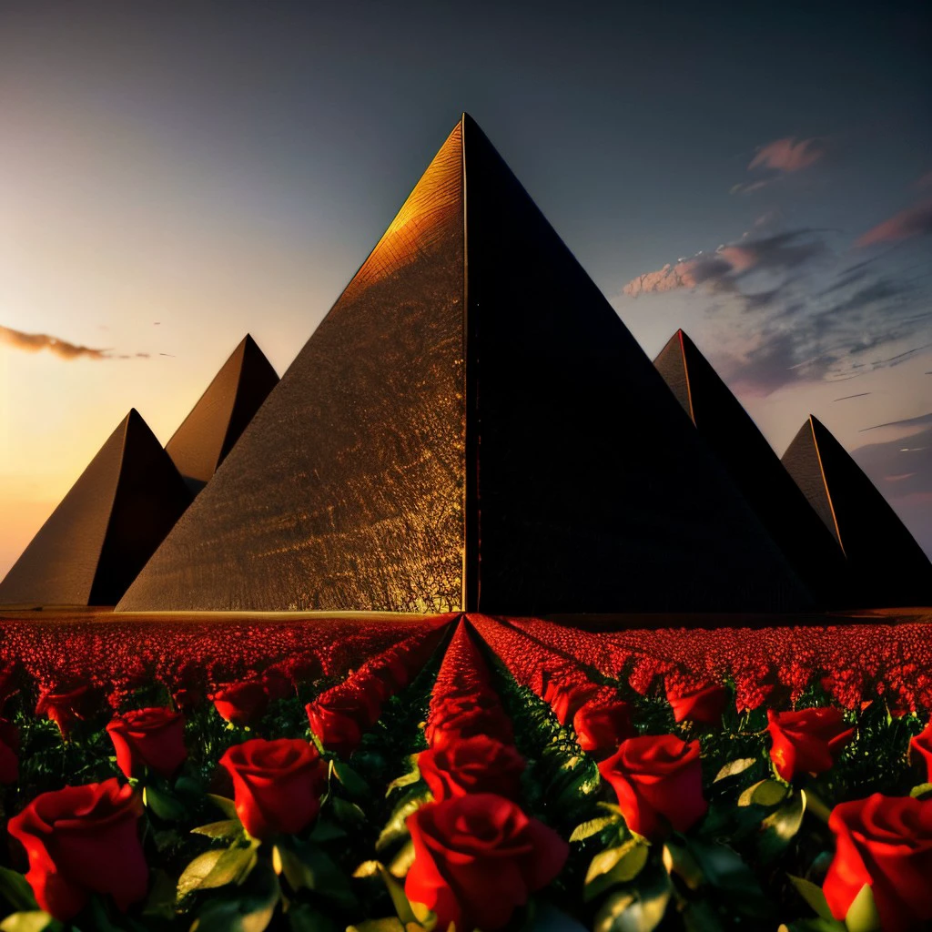 masterpiece, intricate photo, field of roses, black pyramid with shiny sleek sides, background wasteland, hyper realistic, highly detailed, sharp focus, high resolution, best quality, colorful, cozy outdoor lighting, 8K <lora:BlackPyramid:1>