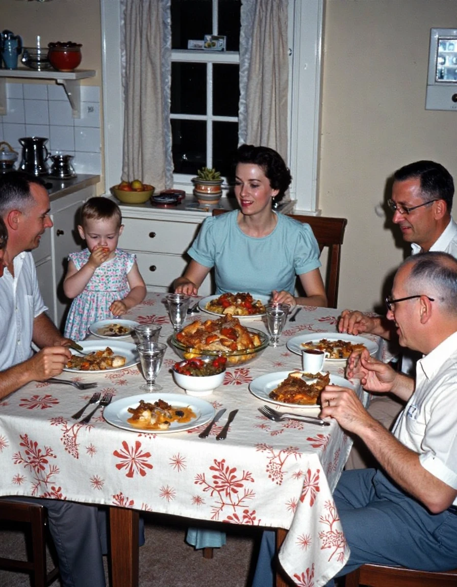 0ldV1nt4ge colourized photograph from 1953. A medium shot of a family gathered around a dining table in a cozy kitchen, enjoying a meal together. The table is covered with a patterned tablecloth and is set with bowls and glasses, adding a warm, inviting touch. Six people, spanning multiple generations, are seated around the table, with a mix of older adults and a young child who is sipping from a cup while watching the others with curiosity. The adults are dressed in casual attire, with one woman wearing a light blue dress, adding a bit of elegance to the homey setting. Plates filled with food are placed in front of each person, with additional dishes in the center, providing a sense of abundance. The lighting is soft and natural, bringing out the details of the meal and the expressions on each personâs face as they enjoy this shared moment. The scene captures the essence of family togetherness and the comfort of a home-cooked meal, with clear focus and balanced composition highlighting the intimate setting.<lora:50samerica:1>