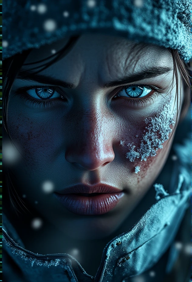 A close-up of a frost-covered, weary face with chapped lips and intense eyes, details of frozen eyelashes, under dramatic, moody lighting, snowflakes delicately resting on the skin, cinematic focus on facial texture and raw survivalist expression, illuminated by cold, blue-toned lighting, steam and frost swirling in the background, with the words âFrostpunk Styleâ prominently centered in the upper-middle area of the image, bold frost-cracked letters with a metallic texture that blend with the icy ambiance, appearing as if etched in frozen steel  bv-fropunsty<lora:bv-frostpunk-style-v1.safetensors:1.0:1.0>