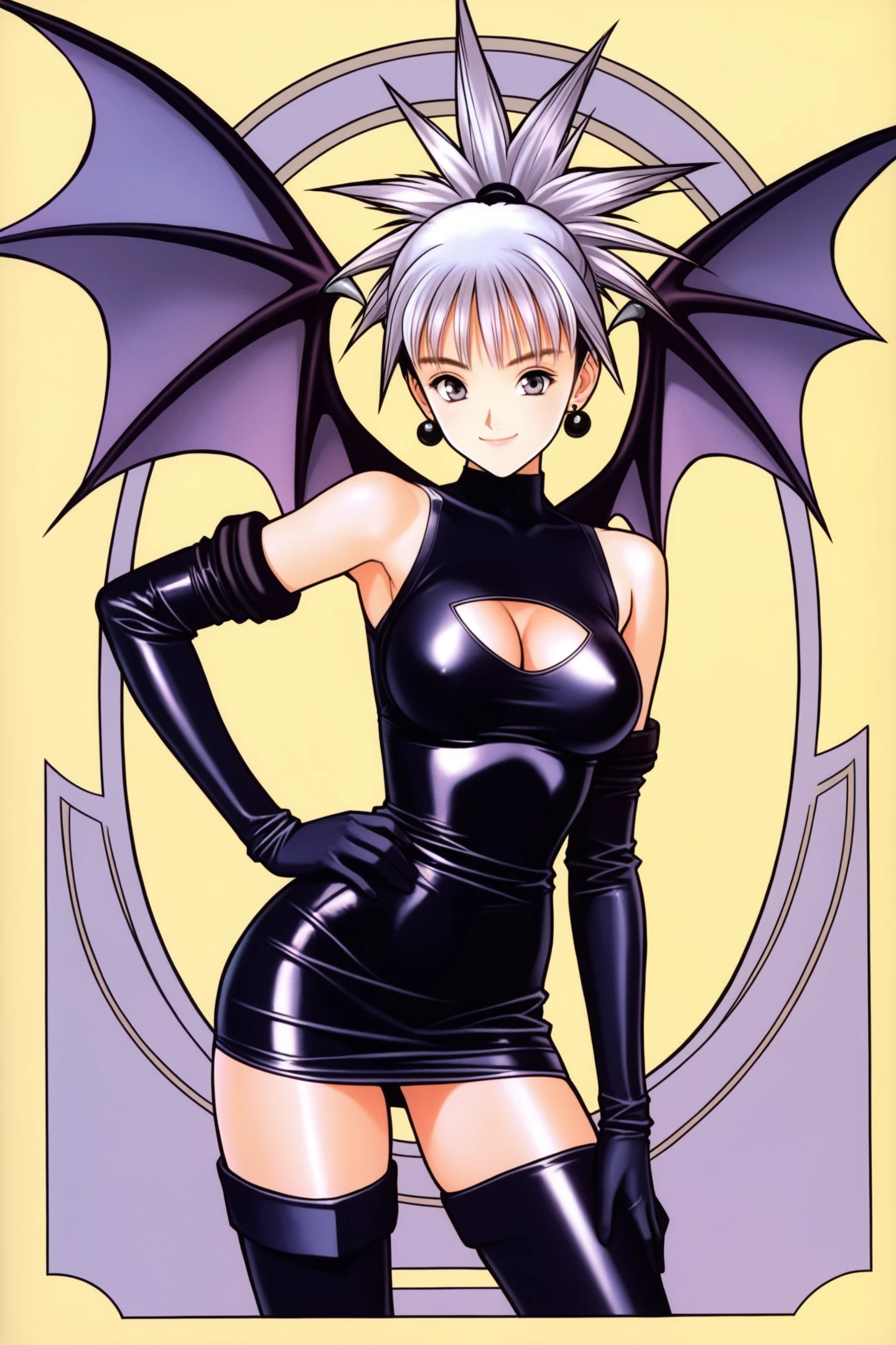 Shadow Lady,1girl,solo,wings,jewelry,gloves,dress,thighhighs,earrings,elbow gloves,short dress,black dress,clothing cutout,hand on hip,cleavage cutout,black thighhighs,breasts,bare shoulders,smile,black gloves,looking at viewer,sleeveless,bat wings,sleeveless dress,turtleneck,shiny clothes,cowboy shot,bangs,zettai ryouiki,simple background,yellow background,shiny,ponytail,grey eyes,closed mouth,standing,spiked hair,contrapposto,
<lora:Katsura Masakazu_illustriousXL:0.8>,