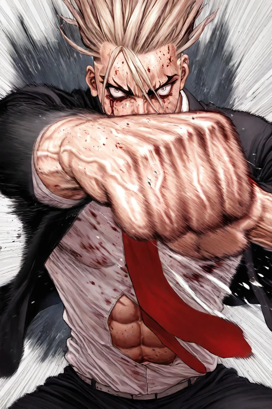 score_9, score_8_up, score_7_up, score_6_up, score_5_up, score_4_up, <lora:boichi_style_illustriousXL:1>, boichi_style, male focus, 1boy, blood, abs, solo, blood on face, motion blur, hatching, battle, suit, necktie, black jacket, white shirt, fist, incoming attack, incoming punch, punching, injury, veins, scar, entire body, black pants, alone, looking at the viewer, masterpiece, highres, highly detailed face, highly detailed shining eyes, symmetrical highly detailed eyes