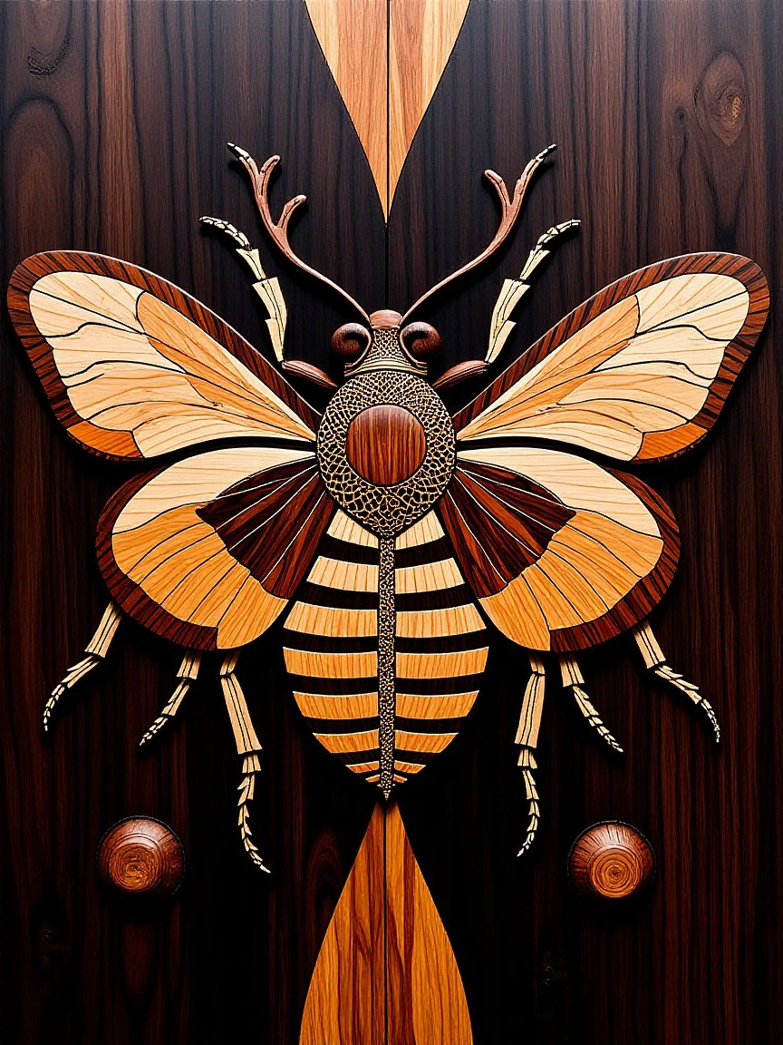 cs-m4rq style exotic wood marquetry insect on a ebony wood background.  <lora:Marquetry_v1_e8:1>