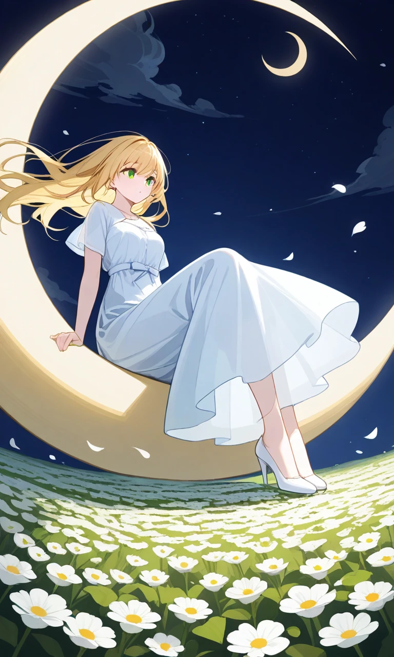 solo, 1girl, long dress, white flower field, fluttering petals, wind, blue crescent moon, sitting on the crescent moon, floating