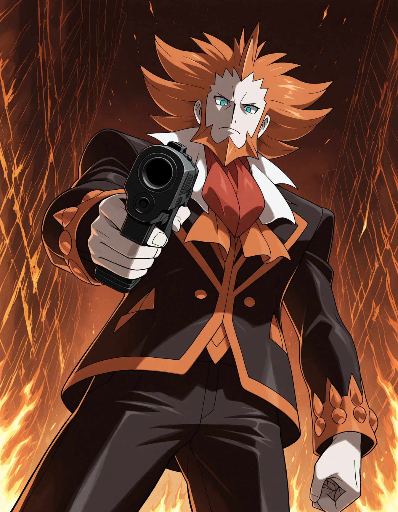 official style, official art,
<lora:Hyper8:0.5> 1boy, solo, 
lysandre \(pokemon\), pokemon,
 holding gun, handgun, glock,  aiming at viewer,  looking at viewer, expressionless, from below, looking down,empty eyes,
cowboy shot,, masterpiece, best quality, amazing quality, very aesthetic, absurdres