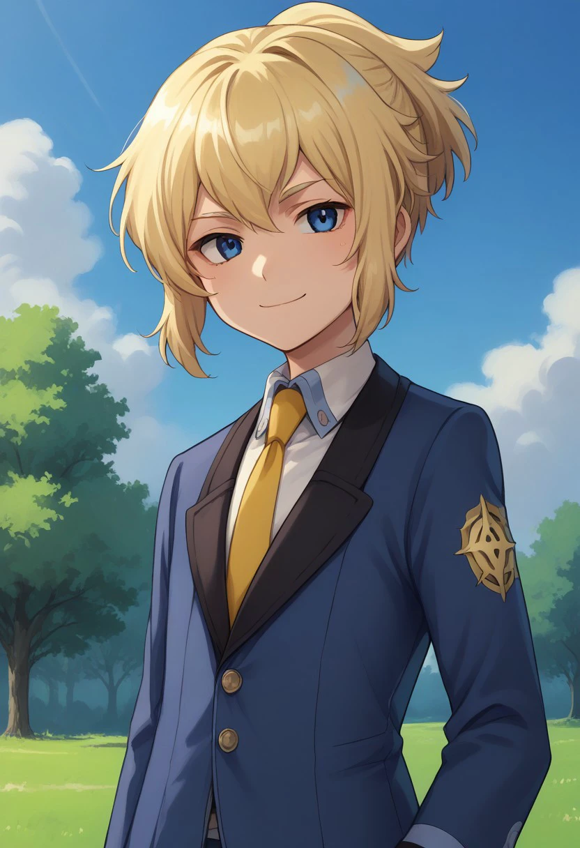 score_9, score_8_up, score_7_up, source_anime, highly detailed, 
hikaru, 1boy, male focus, solo, blonde hair, ponytail, blue eyes, school uniform, jacket, blue jacket, long sleeves, shirt, white shirt, collared shirt, necktie, yellow necktie, upper body, smile, closed mouth,
outdoor, sky, tree