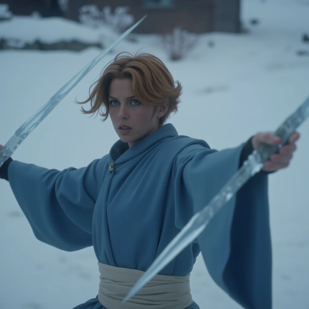 film scene from Denis Villeneuve. Cinematography.
Sypha Belnades,orange hair,short hair,blue robe,gesturing,casting ice magic, casting ice spell,windy, off white waist wrap, action <lora:sypha_v5:1.1>,  Sypha unleashes a barrage of razor-sharp ice shards, her arms extended forward as she directs them toward an unseen enemy.