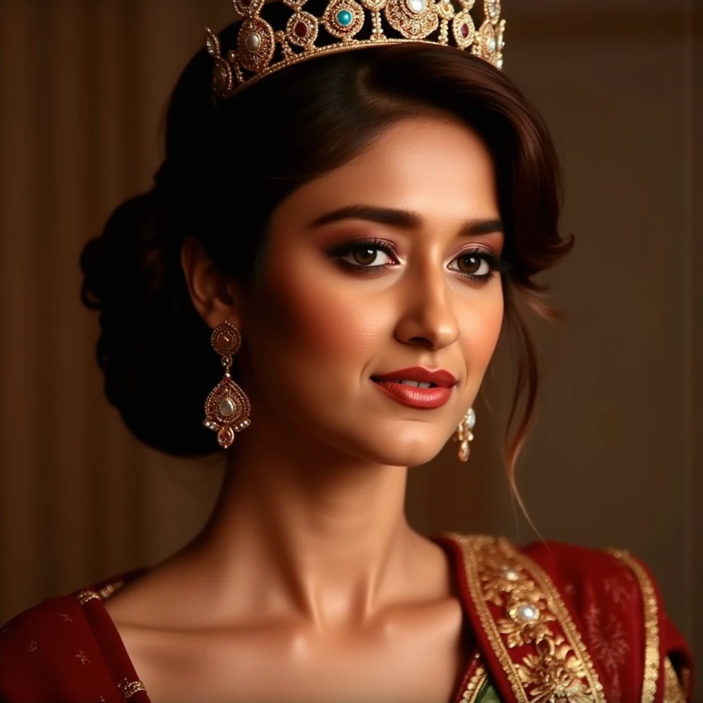 ileana d' cruz:4,as queen:3,wearing ornaments and crown on her head:4,hyper-realistic:4,masterpiece:4,best natural lightning:3,SFW:4,insanely gorgeous:4,