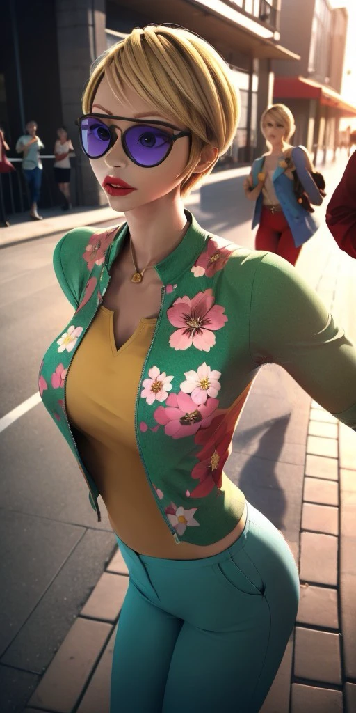 Hyperrealistic, photorealistic, super detailed, blue eyes, (sunglasses that are gradient vertically pink to yellow), (smooth green trousers richly decorated with a floral motif), (smooth green jacket richly decorated with a floral motif), bluish-black eyeshadow, short blonde hair styled into a pixie cut, red lipstick, body like in real life, large pores, fair skin, tall, beautiful arms, medium breasts, unreal engine, octane render, droped shadow, bokeh, cinematic lighting, <lora:add_detail:0.5>, <lora:Volumetric_lighting:0.6>, Olympia Hill, Majestia, , <lora:ef3c87e9-93c9-4668-9f53-9504c7787c8a:0.7>