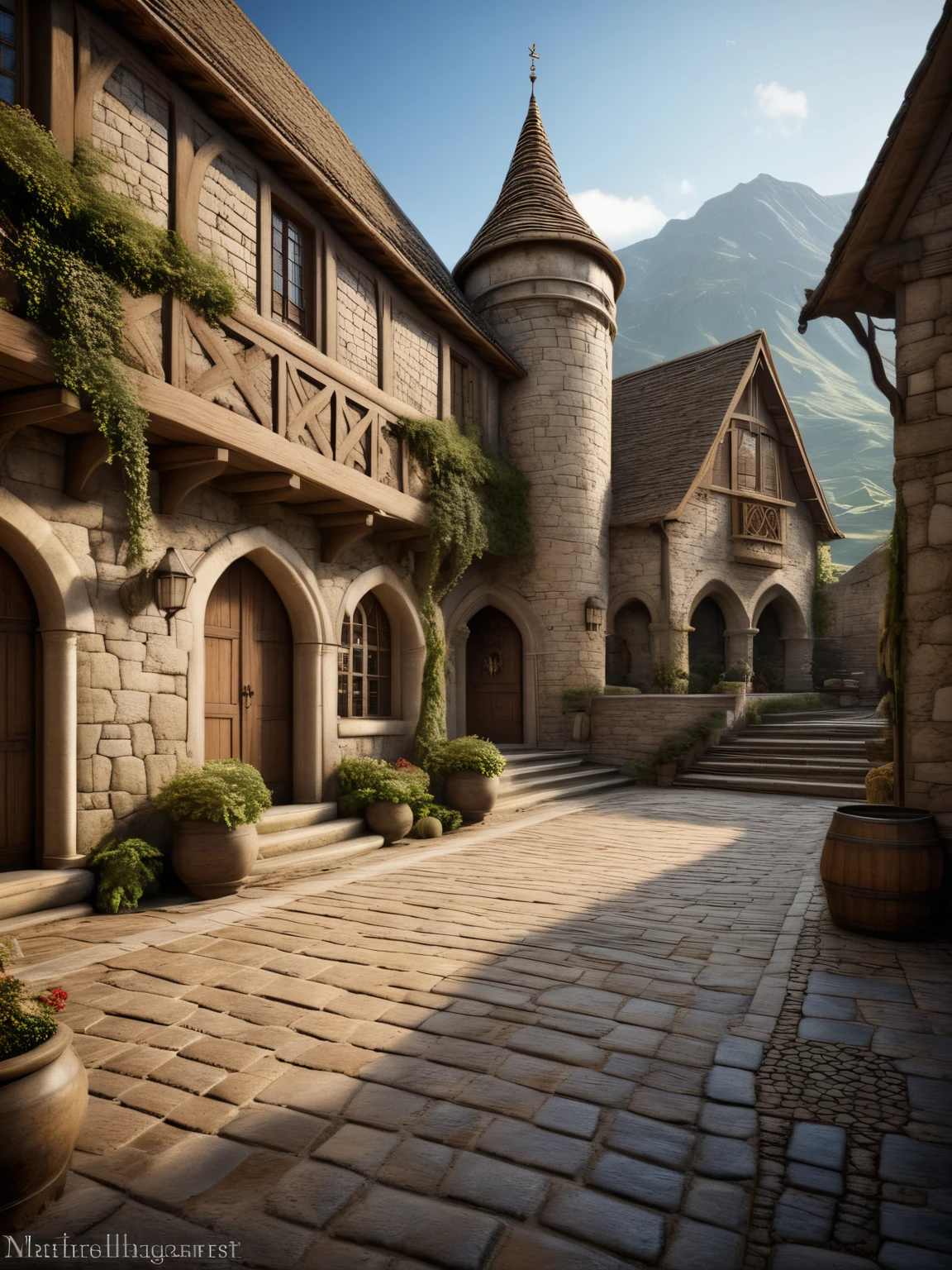 <lora:JJsMedievalTown_XL:1> ,  (medieval town), , (masterpiece) , (best quality),  ((outdoors)),  scenery, road, real world location,   enough detail, high resolution,super realistic, Photorealistic, highly detailed,  stone paving,  sky, tree, mountain,   no humans, scenery, stairs, roof,, still life photography, capturing tranquility, timeless beauty, meticulous arrangement, exquisite detail, professional lighting, expert composition, evocative mood, storytelling through objects, artistic interpretation, creative expression, showcasing textures, intricate patterns, enhancing atmosphere, conveying emotions, masterful technique, immersive experience