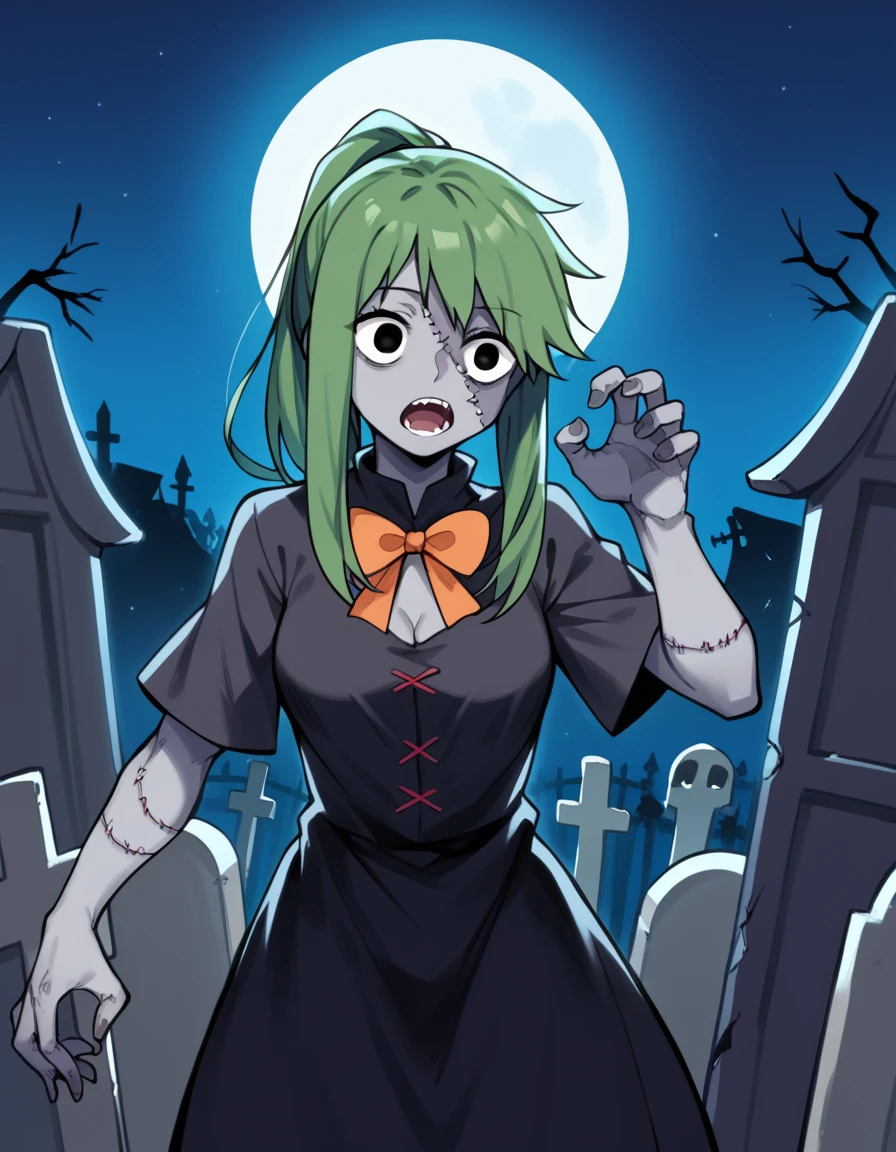 score_9, score_8_up, score_7_up, source_anime, <lora:tsubomi-kido-s1-ponyxl-lora-nochekaiser:1>, tsubomi kido, long hair, ponytail, green hair, black eyes, medium breasts,, <lora:zombie-ponyxl-lora-nochekaiser:1>, zombie, colored skin, stitches, grey skin, multicolored skin, stitched face, zombie pose, halloween, halloween costume,, night, moon, graveyard, tombstone, grave, open mouth, , dutch angle, cowboy shot