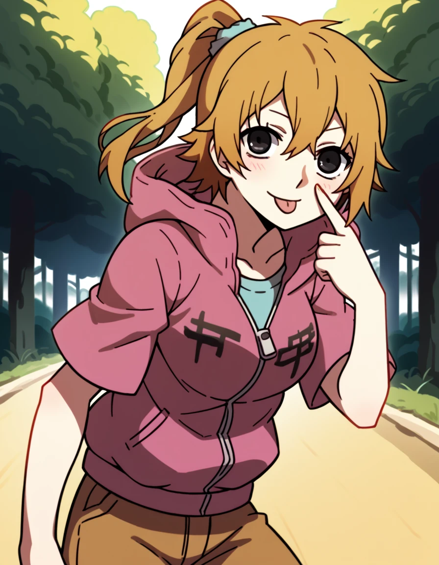 score_9, score_8_up, score_7_up, source_anime, <lora:momo-kisaragi-s1-ponyxl-lora-nochekaiser:1>, momo kisaragi, blonde hair, ponytail, black eyes, side ponytail, medium breasts,, jacket, hood, hoodie, shorts, brown shorts, zipper,, bike ride, countryside, dirt road, trees, afternoon sun, peaceful, alone, smile, <lora:akanbe-ponyxl-lora-nochekaiser:1>, akanbe, eyelid pull, finger to eye, tongue out, :p, tongue, ;p, blush, leaning forward, bent over, from side,, looking at viewer, solo,, dutch angle, cowboy shot