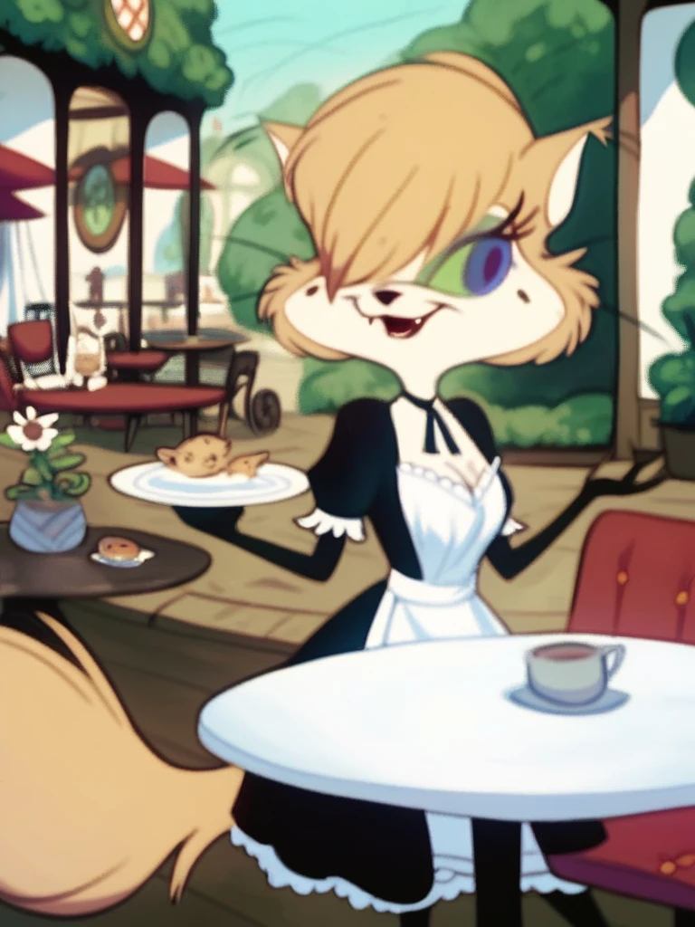 score_9, score_8_up, score_7_up, score_6_up, score_5_up, score_4_up, solo, source furry, Mehitabel, maid uniform, cafe, table, chair, crowd, detailed face, detailed eyes, detailed face, detailed eyes <lora:mehitabel-v1:1>