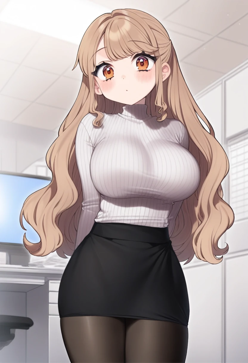 masterpiece, best quality, good quality, 1girl, solo, older sister, ribbed shirt, pantyhose, miniskirt, indoors, office<lora:clochette illustrious 003:1>