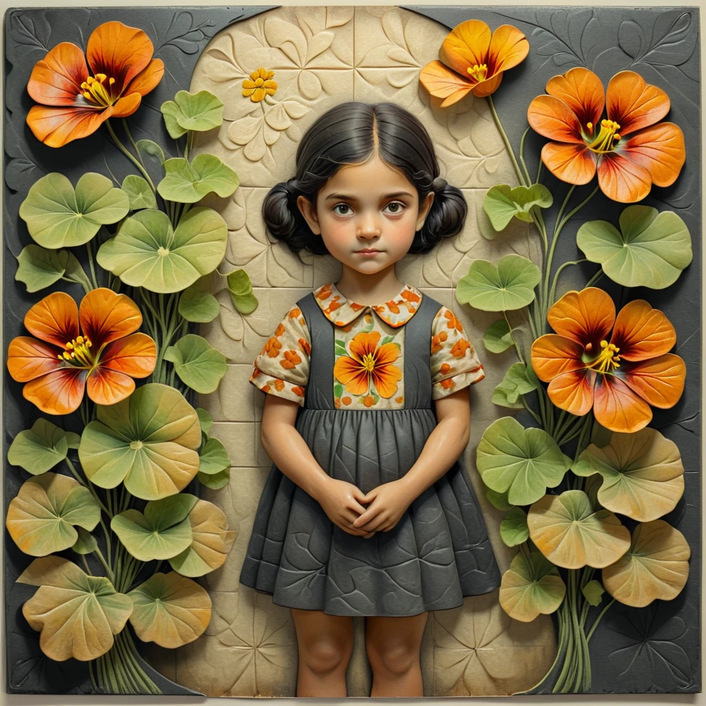 female floral print, nasturtium, child, charcoal, polyester, folk art style, Focal Layer, tetradic colors, crosshatch pattern, foreground effect, sepia tint accents, grid-based, brushed metal texture, patina finish  <lora:artfully_ETHEREAL-GEOMETRIC-FLORAL-FUSION:1>,