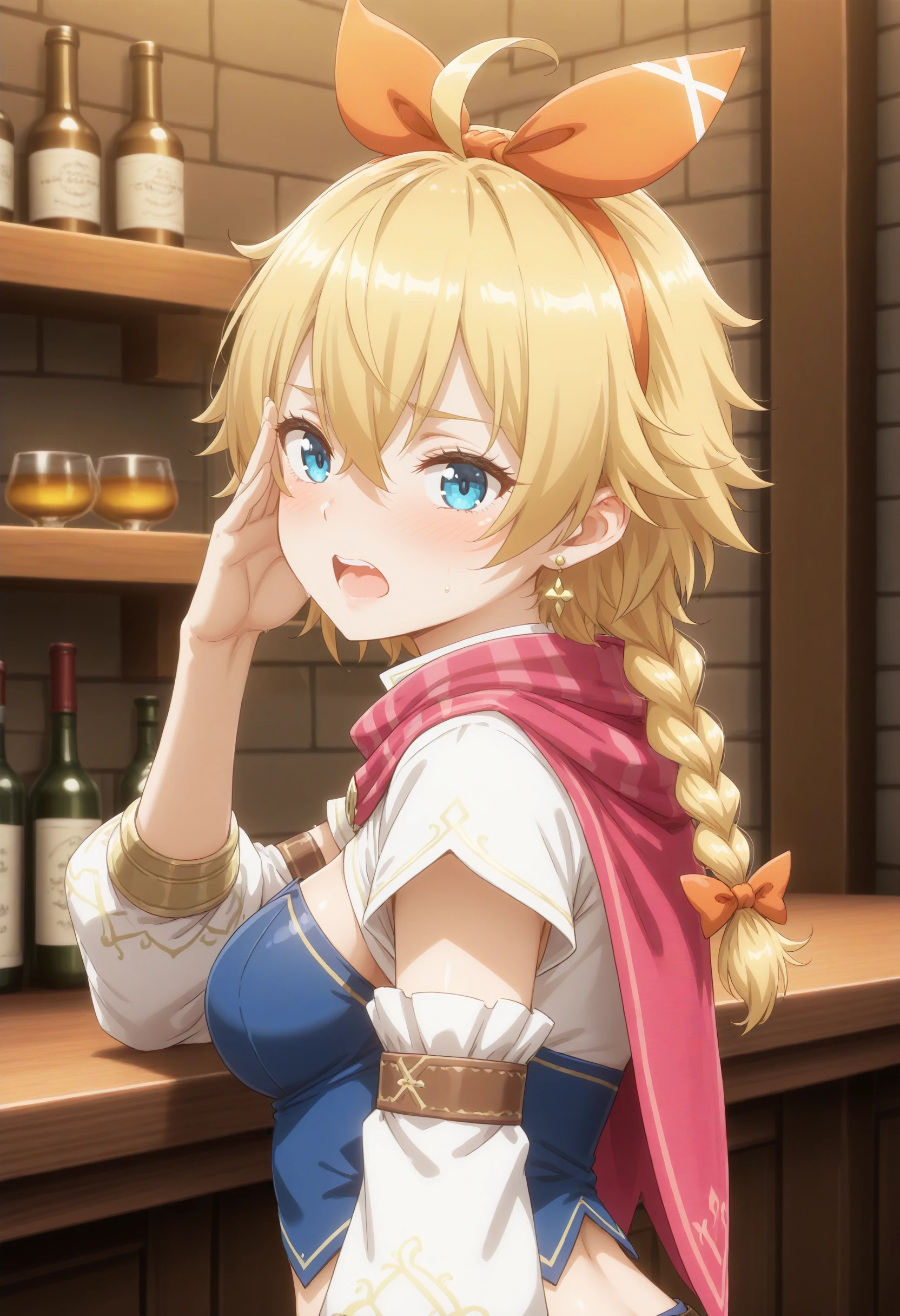 1girl, city thief, romancing saga 2, solo,
masterpiece,best quality,absurdres,detailed skin,anime colored,anime screencap,official art,
blonde hair,hair between eyes,single braid, braided ponytail, bangs, blue eyes, medium breasts, <lora:citythief_XL_v1:0.7>
hairband, hair bow, red bow,earrings, ahoge,
detached sleeves,  crop top, short sleeves, strapless, scarf,
from side, portrait, looking back, facepalm, winery, open mouth,