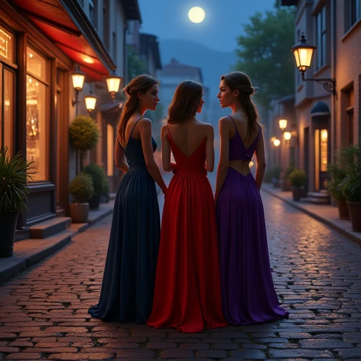 an image of three ladies of the seamstresses guild standing on a cobblestone street corner at night, in pretty dresses and long coats