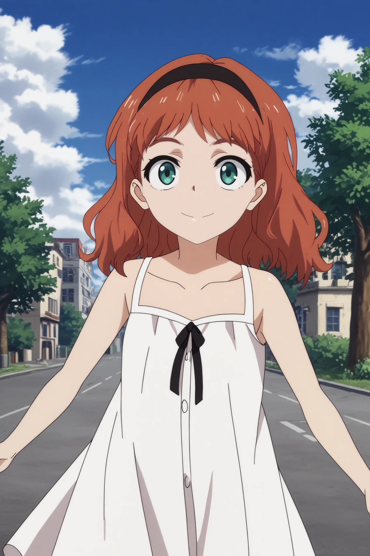 frill,1girl,solo,smile,hairband,dress,red hair,black hairband,freckles,white dress,collarbone, BREAK outdoors,blue sky,city,tree    <lora:Frill_-_Wonder_Egg_Priority.safetensors:0.8> <lora:detailed_backgrounds_v2.safetensors:0.5>