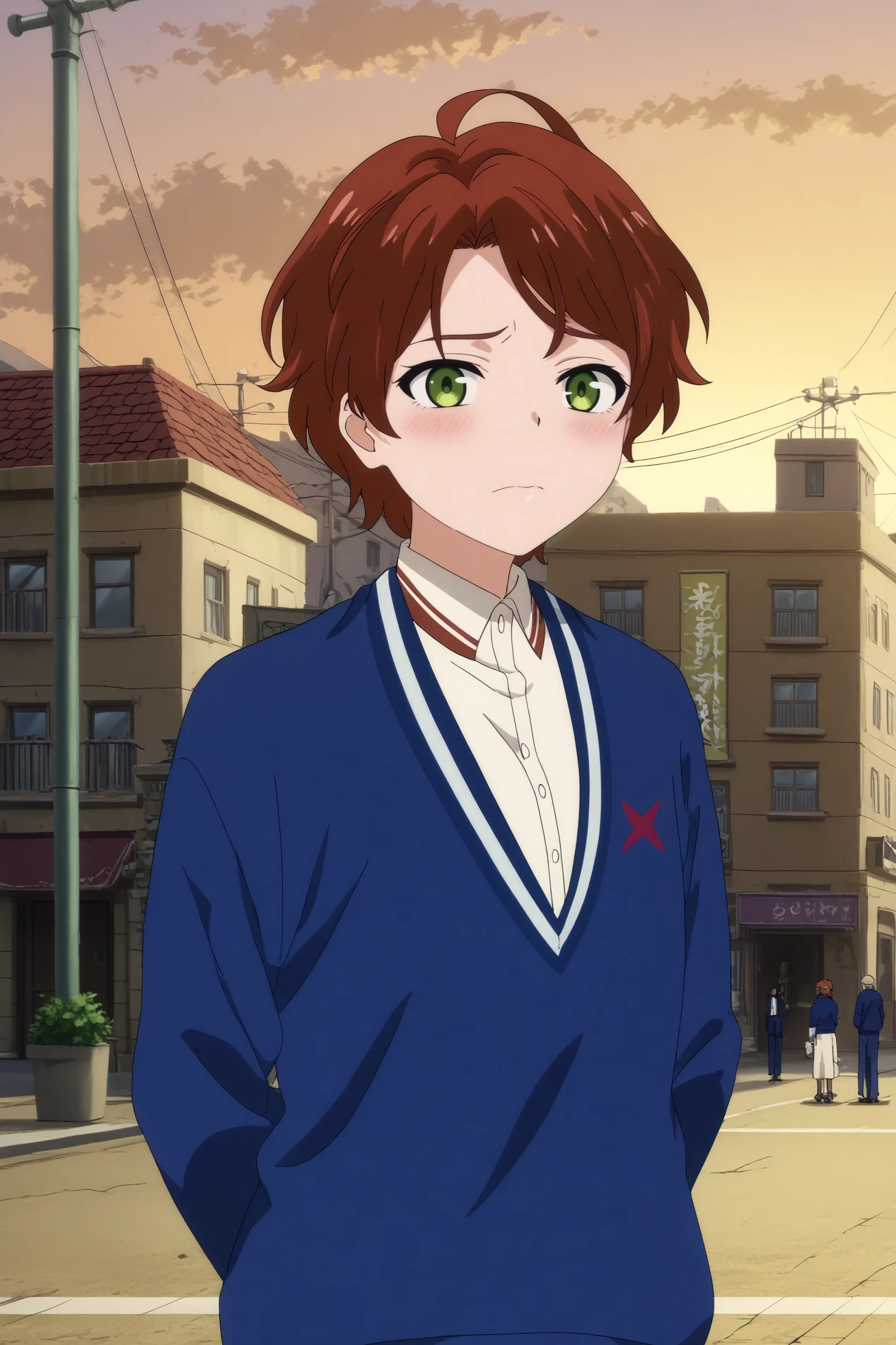  sawaki momoe,1girl,solo,short hair,ahoge,brown hair,blue jacket,school uniform,mole under eye,mole,shirt,white shirt,collared shirt,arms behind the back,upper body BREAK outdoors,orange sky,road,city_lights    <lora:Sawaki_Momoe_-_Wonder_Egg_Priority.safetensors:0.8> <lora:detailed_backgrounds_v2.safetensors:0.5>