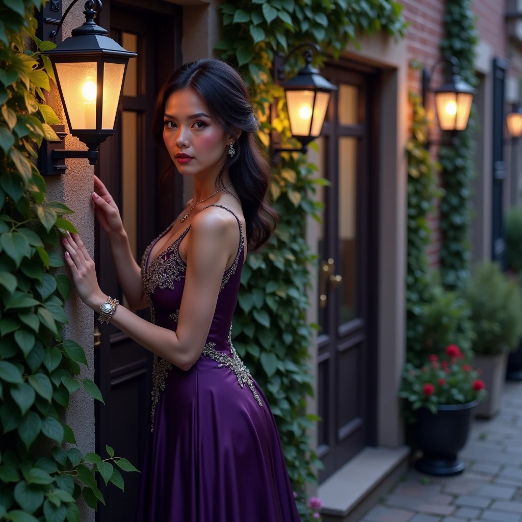 Imagine a photorealistic image of a member of the Seamstresses Guild, dressed in a dark purple silk gown with shimmering accents, leaning gracefully against the wall of a grand, ivy-covered townhouse. Her expression is playful and knowing, her jewelry subtle but refined, and the scene is lit by dim lanterns that give the moment an air of sophistication and intrigue.