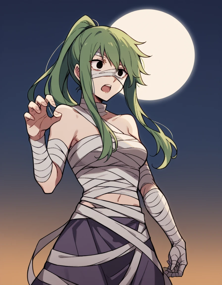 score_9, score_8_up, score_7_up, source_anime, <lora:tsubomi-kido-s1-ponyxl-lora-nochekaiser:1>, tsubomi kido, long hair, ponytail, green hair, black eyes, medium breasts,, <lora:mummy-costume-ponyxl-lora-nochekaiser:1>, mummy costume, bandages, halloween costume, bandaged arm, zombie pose, bandage on face,, desert, moon, night, open mouth, , dutch angle, cowboy shot