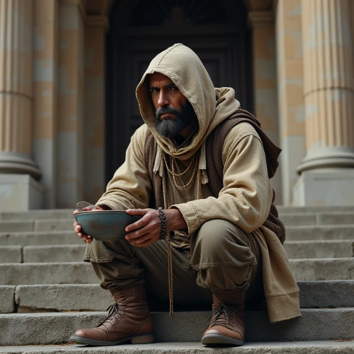 an image of a member of the beggar's guild setting on the steps of a large public building with a begging bowl containing a few shiny coins