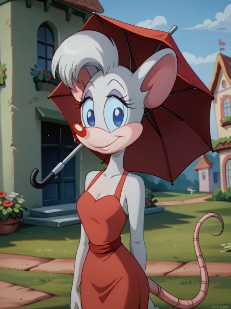 score_9, score_8_up, score_7_up, score_6_up, score_5_up, score_4_up, solo, source furry, anthro mouse, Billie_Mouse, no pupils, red dress, parasol, outdoors, detailed face, detailed eyes, detailed face, detailed eyes <lora:billie:1>
