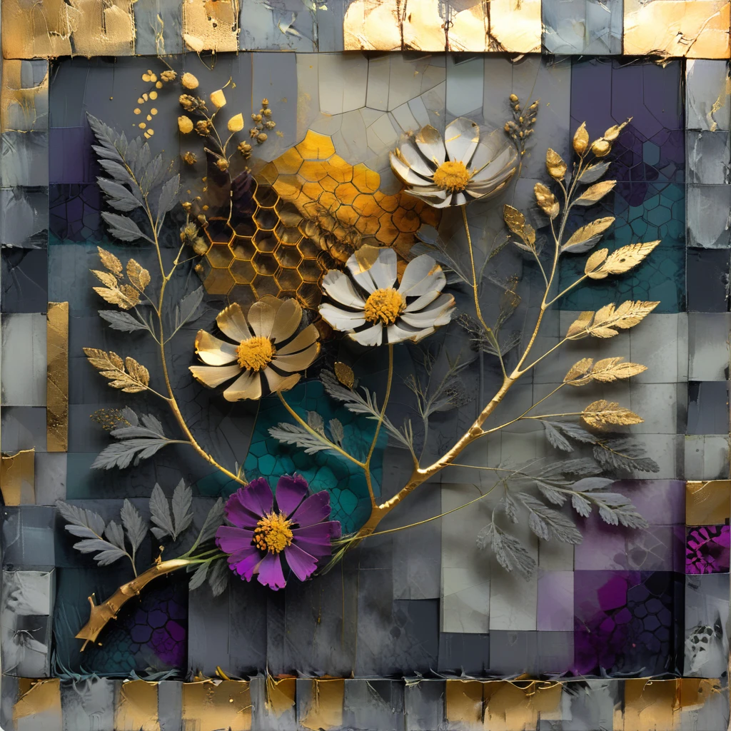 male floral print, yarrow, graying, mixed media, polyester, cubism style, Overlapping, triadic colors, honeycomb pattern,  vignette effect, gold leaf accents, horizon-blending, pitted texture, metallic finish  <lora:artfully_SPIRITUALFADE:0.9>,