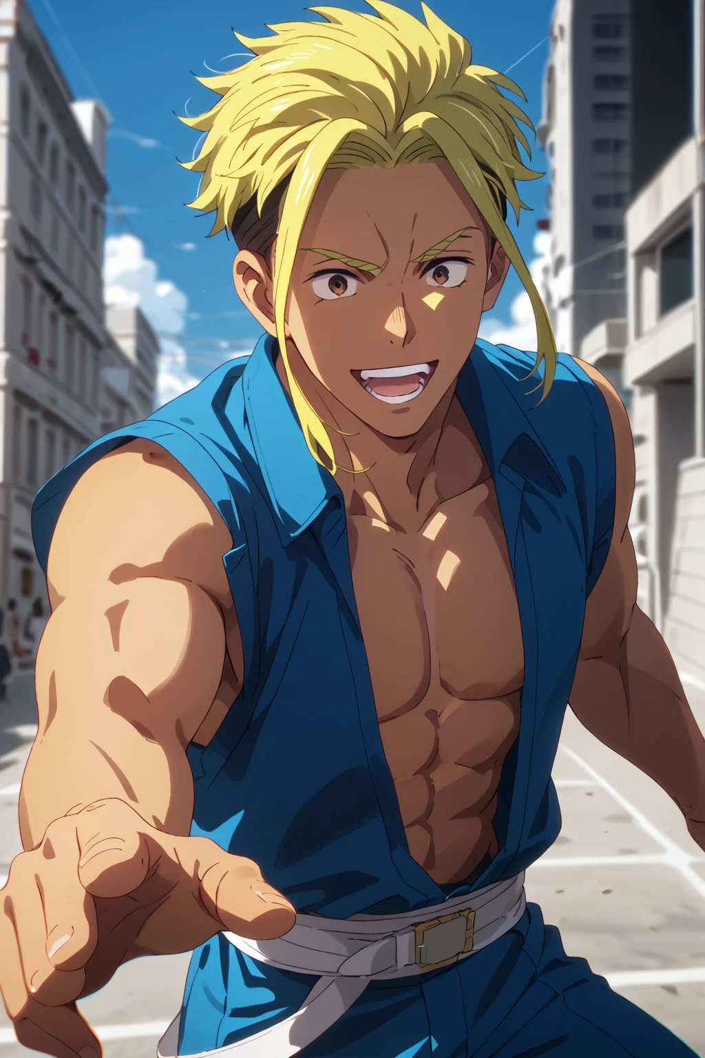 masterpiece, best quality, movie still, 1boy, solo, male focus, looking at viewer, , , ligne claire, , <lora:laxus_dreyar:0.66>, laxus_dreyar, blonde hair, grey eyes, , cooling tower,
