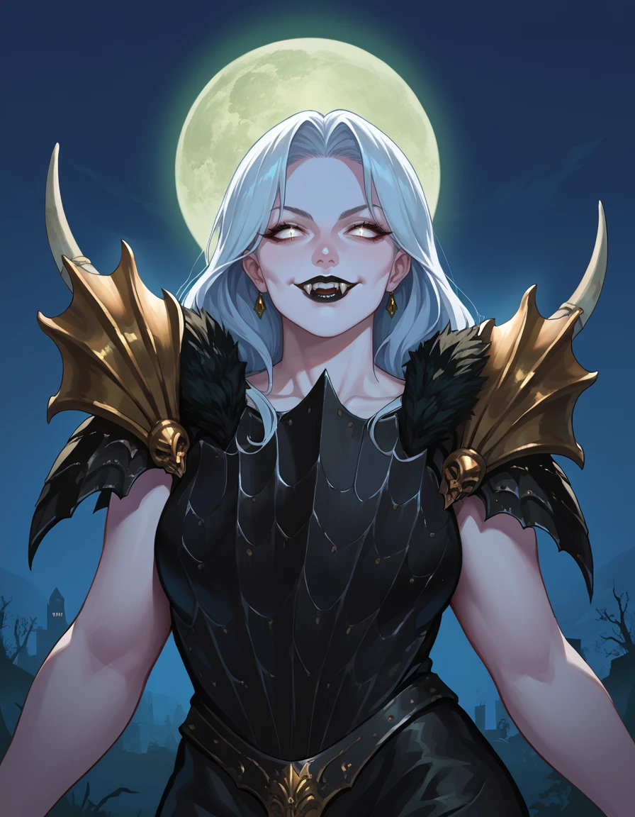 score_9, score_8_up, source_cartoon, 2d, night, green moon,
Mannfred, mature female, white hair. curvy, armor, white eyes, white skin, looking at viewer,
dark aura, smile, vampire fangs, black lipstick,
<lora:Mannfred_PonyXL:0.8>