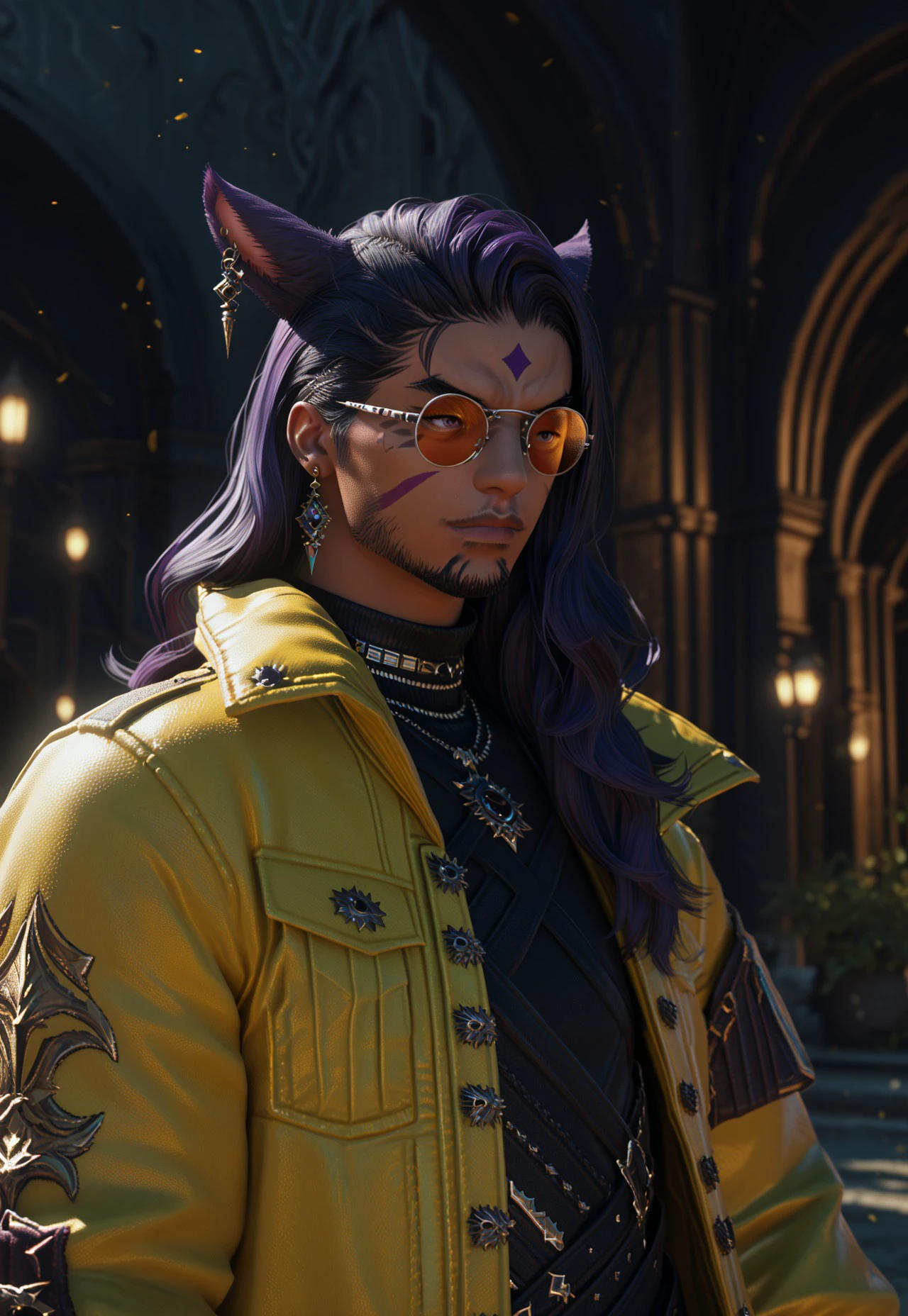 f4c32-miq0, animal ears, miqo'te, solo, sunglasses, facial hair, male focus, 1boy, cat ears, earrings, jewelry, jacket, long hair, dark skin, upper body, facial mark, glasses, tinted eyewear, black hair, purple hair, yellow jacket, cinematic lighting, cinematic angle ,score_9, score_8_up, score_7_up, score_6_up, score_5_up, score_5_up, score_4_up