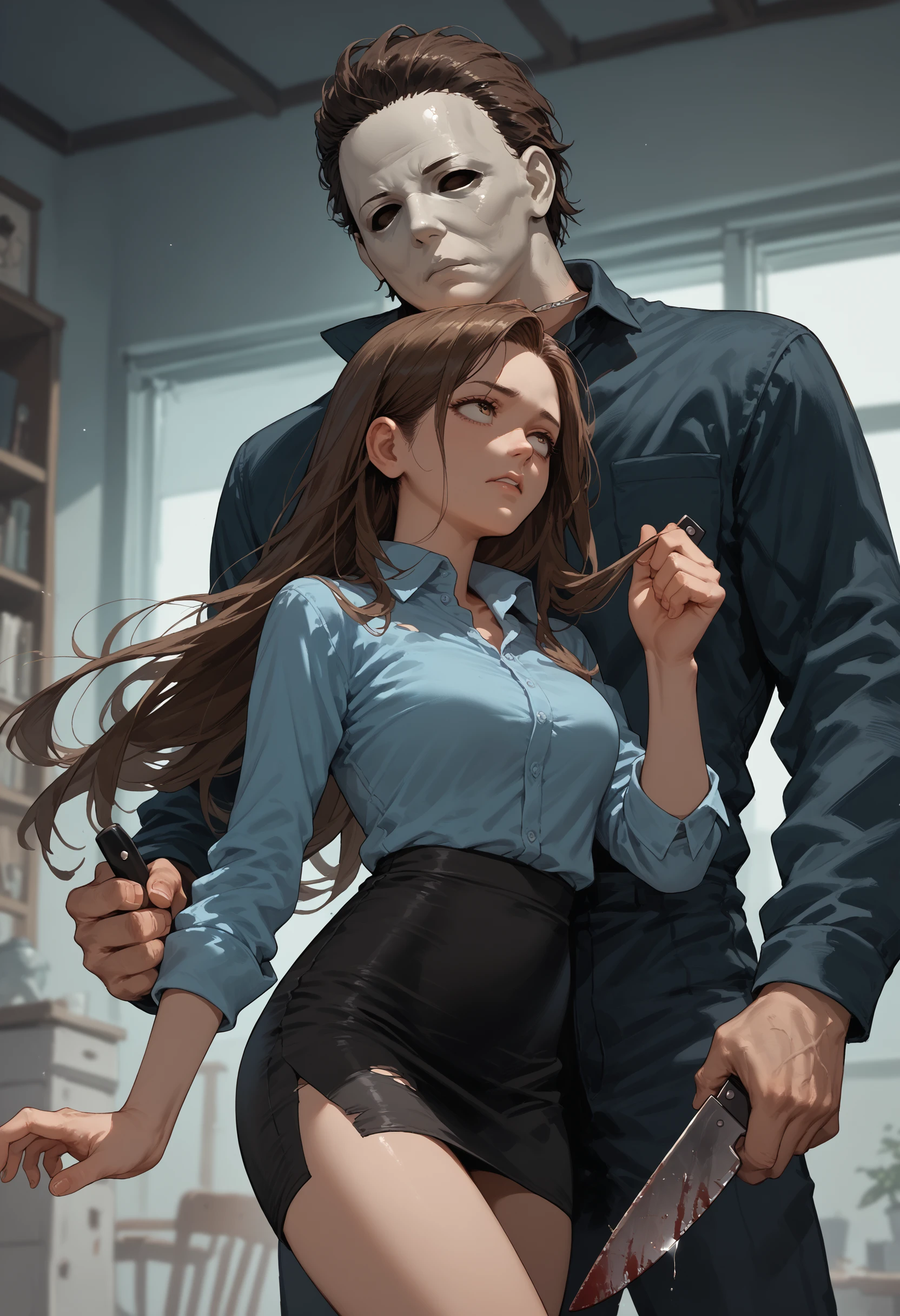 score_9, score_8_up, score_7_up, score_6_up, 1girl, long hair, brown hair, 
1boy, mask,
torn clothes, male holding knife, collared  shirt, pencil skirt, 
<lora:michael_myers_v0.2-pony:1>