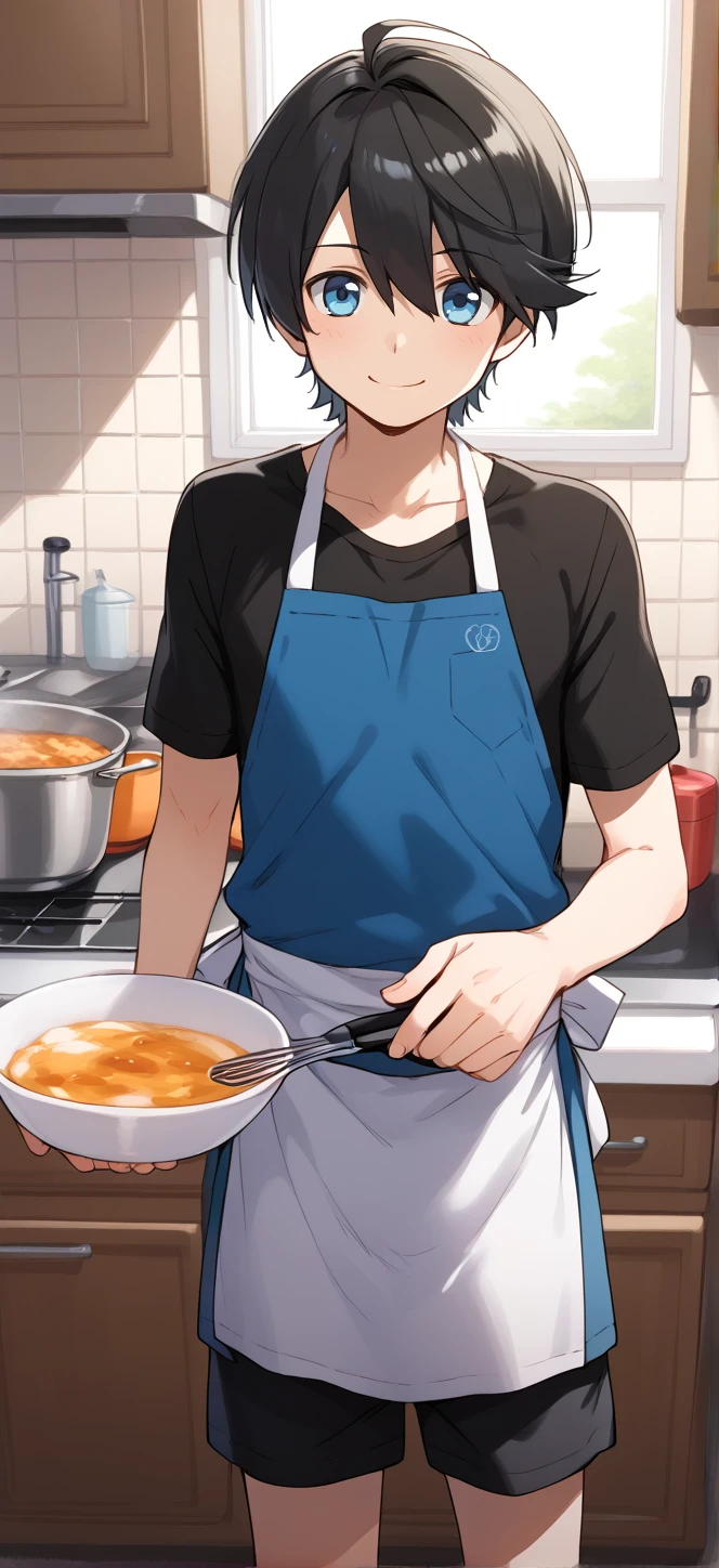 1boy,solo,male focus,horikawa_kunihiro,horikawa kunihiro,black hair,blue eyes,smile,kitchen,apron,t-shirt,shorts,cooking,POV