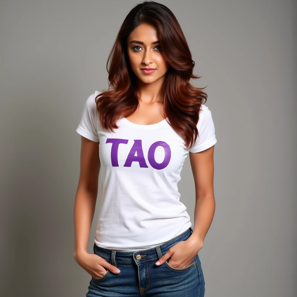 ileana d' cruz:4,wearing white T shirt and jean :4,the word "TAO" was written in purple colour on her T shirt,hyper-realistic:4,masterpiece:4,best natural lightning:3,SFW:4,insanely gorgeous:4,full body pose:4,