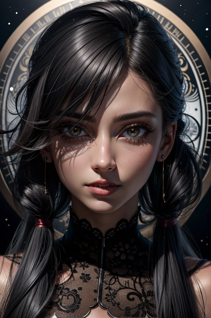 (masterpiece, best quality, ultra-detailed, best shadow), (detailed background,dark fantasy), (beautiful detailed face), high contrast, (best illumination, an extremely delicate and beautiful), ((cinematic light)), colorful, hyper detail, dramatic light, intricate details, (1girl, solo,black hair, sharp face,low twintails,red eyes, hair between eyes,dynamic angle), blood splatter, swirling black light around the character, depth of field,black light particles,(broken glass),magic circle, <lora:add_detail:0.4>,  <lora:LowRA:0.4>,