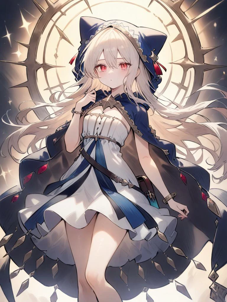 ,signa\(shadowverse\),1girl,solo,long hair,red eyes,dress,hood,bracelet,jewelry,<lora:Shadowverse:1>, masterpiece, best quality, very aesthetic, absurdres