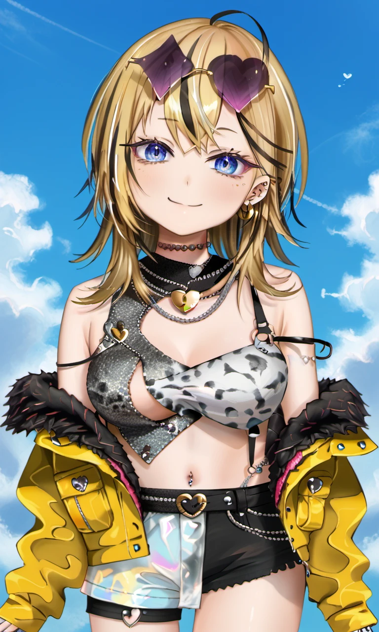 myaonarumi, blue eyes, blonde hair, multicolored hair, hoop earrings, ear piercing, eyewear on head, sunglasses, heart lock necklace, one shoulder top, jacket, navel, leather shorts, painted nails, thigh strap, chunky sole, black footwear, 