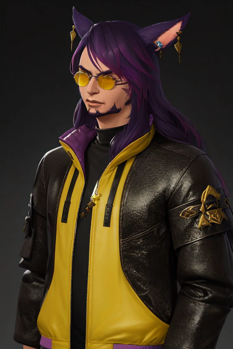 f4c32-miq0, animal ears, miqo'te, solo, sunglasses, facial hair, male focus, 1boy, cat ears, earrings, jewelry, jacket, long hair, dark skin, upper body, facial mark, glasses, tinted eyewear, black hair, purple hair, yellow jacket, cinematic lighting, cinematic angle, best quality, masterpiece