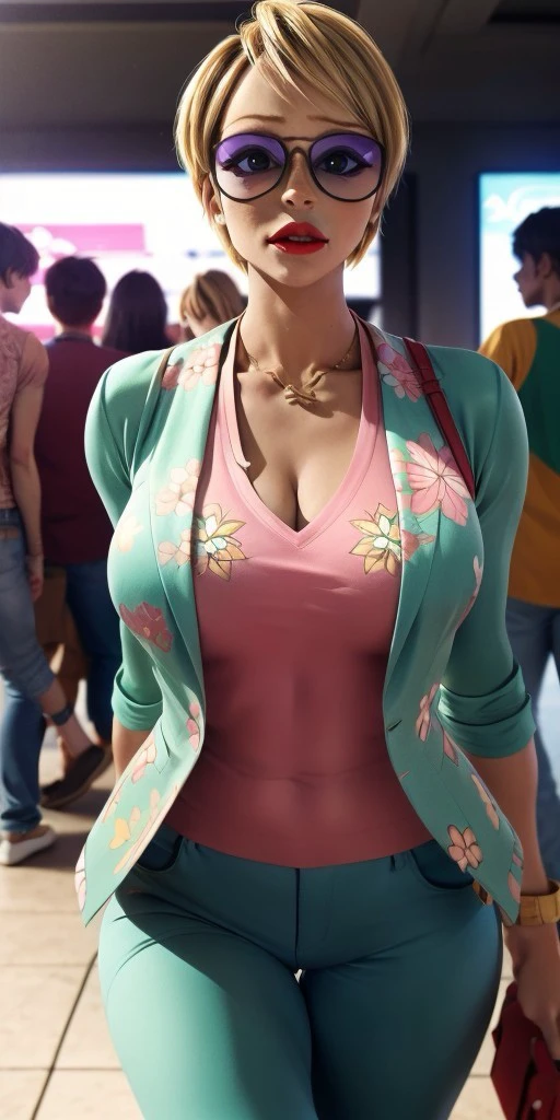 Hyperrealistic, photorealistic, super detailed, blue eyes, (sunglasses that are gradient vertically pink to yellow), (smooth green trousers richly decorated with a floral motif), (smooth green jacket richly decorated with a floral motif), bluish-black eyeshadow, short blonde hair styled into a pixie cut, red lipstick, body like in real life, large pores, fair skin, tall, beautiful arms, medium breasts, unreal engine, octane render, droped shadow, bokeh, cinematic lighting, <lora:add_detail:0.5>, <lora:Volumetric_lighting:0.6>, Olympia Hill, Majestia, , <lora:ef3c87e9-93c9-4668-9f53-9504c7787c8a:0.7>