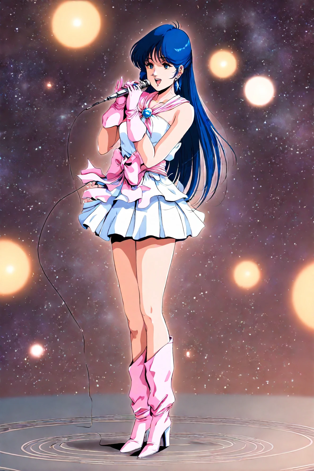 <lora:illustrious_XL_minmei:0.9>,minmei,masterpiece,best quality,good quality,newest,huge filesize,1girl,solo,idol,white dress,short dress,pink gloves,boots,high heels,earrings on one side,microphone,singing,music,standing,space,science fiction,retro artstyle,1980s \(style\),