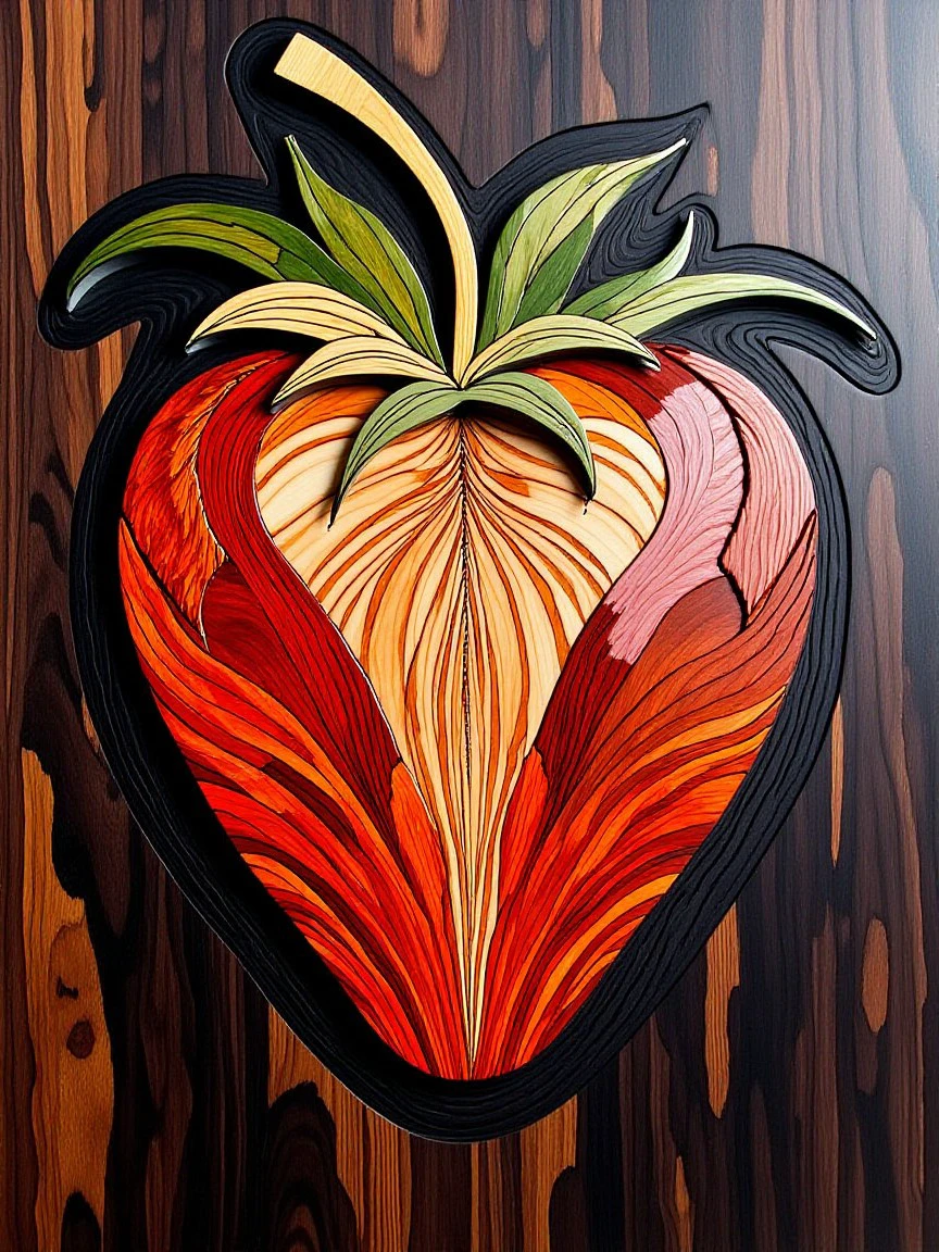 cs-m4rq style exotic wood marquetry Strawberry on a ebony wood background.  <lora:Marquetry_v1_e8:1>